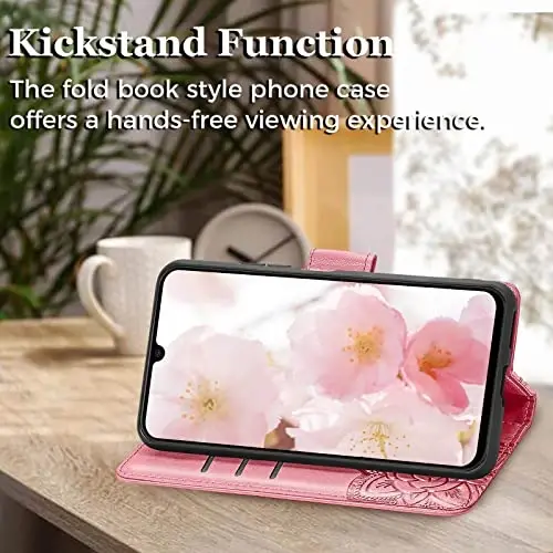 KRHGEIK for Galaxy A14 5G Phone Case Wallet,Women Flip Folio Butterfly Embossed PU Leather with Credit Card Holders Kickstand Wrist Strap Purse Cover for Samsung A14 5G 6.6 Inch (Pink) - 3