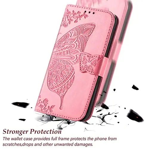 KRHGEIK for Galaxy A14 5G Phone Case Wallet,Women Flip Folio Butterfly Embossed PU Leather with Credit Card Holders Kickstand Wrist Strap Purse Cover for Samsung A14 5G 6.6 Inch (Pink) - 5