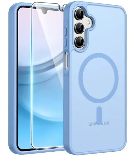 FNTCASE for Galaxy A15 5G Phone Case, Screen Protector, Light Blue | Translucent Matte Magnetic Back, 14FT Military Grade Drop Protection, Shockproof Protective, for Samsung A 15 Cover 