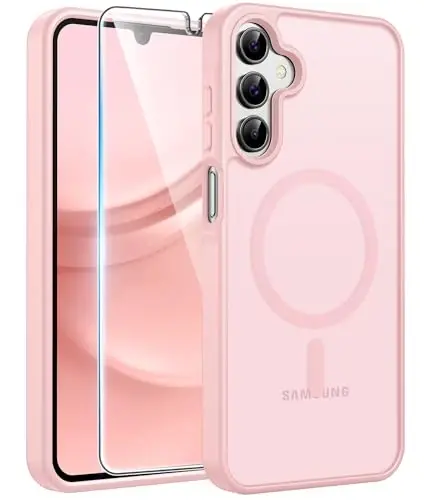 FNTCASE for Galaxy A15 5G Phone Case, Screen Protector, Light Pink | Translucent Matte Magnetic Back, 14FT Military Grade Drop Protection, Shockproof Protective, for Samsung A 15 Cover 