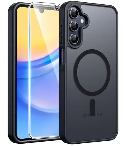 FNTCASE for Galaxy A15 5G Phone Case, Screen Protector, Black | Translucent Matte Magnetic Back, 14FT Military Grade Drop Protection, Shockproof Protective, for Samsung A 15 Cover 