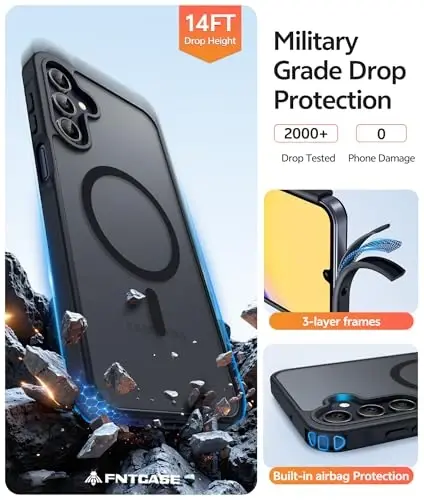 Galaxy A15 5G uchun FNTCASE telefon g‘ilofi: [Magsafe bilan mos keladi] [Ekran himoyasi] Samsung A15 qoplami uchun mat rangli shaffof harbiy darajadagi himoya - Qora - 5