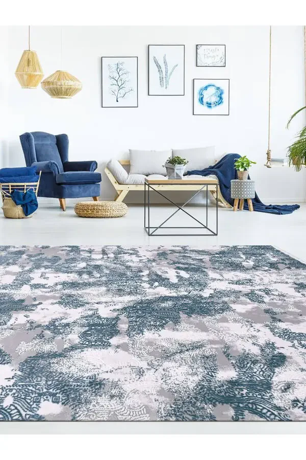 Galaxy Koleksiyonu 13620 Bambu Dokulu Viskon Akrilik Salon Mutfak Antre Halı Yolluk-Turkuaz - 1