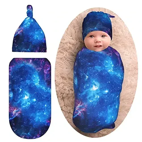 Galaxy Newborn Swaddle Blanket with Hat Set Baby Stuff Receiving Blankets Soft Transition Sleep Sacks Gifts for Infant Boys Girls - 1