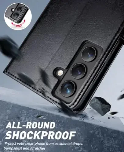 Galaxy S24 5G bilan mos keladigan, karta tutqichlari, RFID blokirovkasi, stendlari bo'lgan PU teri flip folio qopqoq. [Zarba qarshi TPU ichki qobig'i] Telefon qopqog'i (2024), Qora. - 6