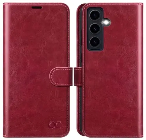 OCASE Compatible with Galaxy S24 5G Wallet Case, PU Leather Flip Folio Case with Card Holders RFID Blocking Kickstand [Shockproof TPU Inner Shell] Phone Cover (2024), Red - 1