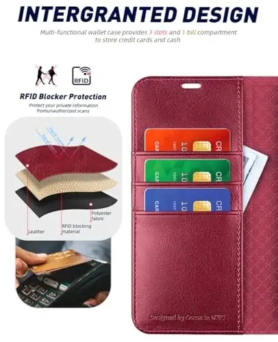 OCASE Compatible with Galaxy S24 5G Wallet Case, PU Leather Flip Folio Case with Card Holders RFID Blocking Kickstand [Shockproof TPU Inner Shell] Phone Cover (2024), Red - 3