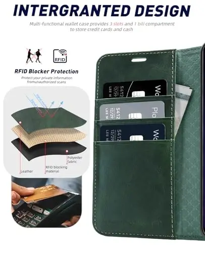 Galaxy S24 5G hamyon qutisi bilan mos keladigan OCASE, karta ushlagichli PU teri Flip Folio qutisi RFID blokirovka qiluvchi tayanch [zarbga chidamli TPU ichki qobig'i] telefon qopqog'i (2024), qora yashil - 3
