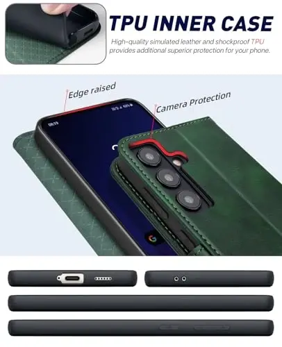 Galaxy S24 5G hamyon qutisi bilan mos keladigan OCASE, karta ushlagichli PU teri Flip Folio qutisi RFID blokirovka qiluvchi tayanch [zarbga chidamli TPU ichki qobig'i] telefon qopqog'i (2024), qora yashil - 5