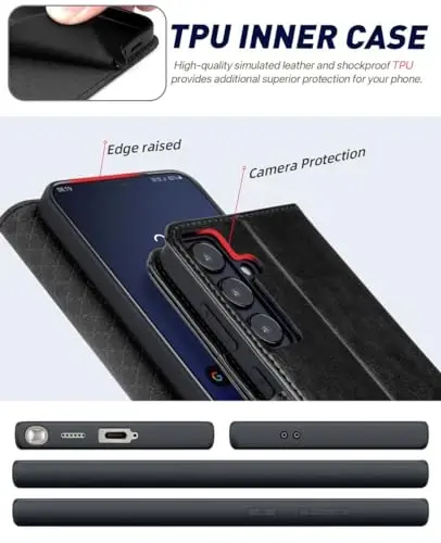 OCASE Compatible with Galaxy S24 5G Wallet Case, PU Leather Flip Folio Case with Card Holders RFID Blocking Kickstand [Shockproof TPU Inner Shell] Phone Cover (2024), Black - 5