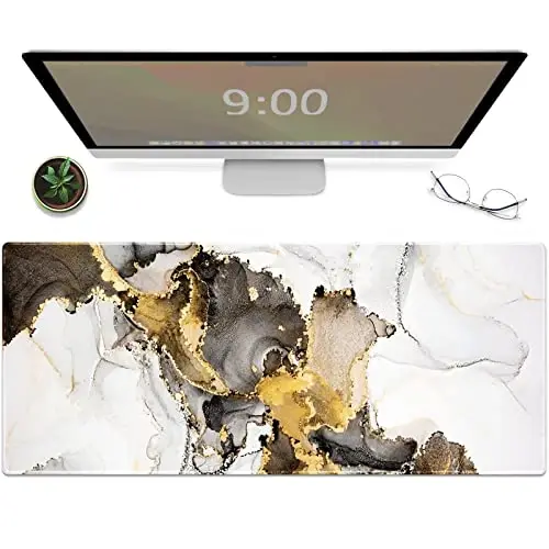 Galdas Large Mouse Pad XXL XL Large Mouse Pad Long Extended Mousepad Desk Pad Non-Slip Rubber Mice Pads Stitched Edges Thin Pad (31.5x11.8x0.12 Inch)-Ink White Gold Marble 