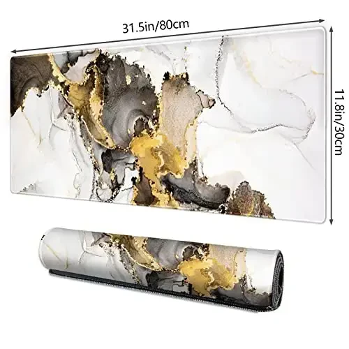 Galdas Large Mouse Pad XXL XL Large Mouse Pad Long Extended Mousepad Desk Pad Non-Slip Rubber Mice Pads Stitched Edges Thin Pad (31.5x11.8x0.12 Inch)-Ink White Gold Marble - 2