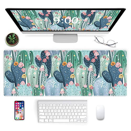 Galdas Gaming Mouse Pad Cactus Pattern XXL XL Large Mouse Pad Mat Long Extended Mousepad Desk Pad Non-Slip Rubber Mice Pads Stitched Edges Thin Pad (31.5x11.8x0.12Inch)-Green Cactus - 1