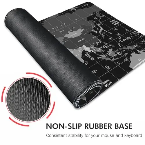 Galdas Gaming Mouse Pad XXL XL Katta Uzun Katta Katta Sürgüli Klaviatura Stol Padi Noshirmas Kauchuk Klaviatura Stol Padi Noutbuk Uy Ofisi uchun Tikilgan Qirralar bilan (31.5x11.8x0.08 Dyum) … (Qora Dunyo Xaritasi) - 4