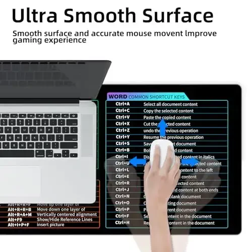 Galdas Gaming Mouse Pad XXL XL Katta Uzun Keng Mousepad Sirpanmaydigan Rezina Klaviatura Stol Pad Tikilgan Qirralari bilan Noutbuk Uy Ofisi uchun (31.5x11.8x0.08 Inch) … (Shortcut Keys1) - 6