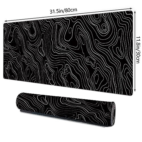 Galdas Gaming Mouse Pad XXL XL Large Mouse Pad Long Extended Big Mousepad Non-Slip Rubber Keyboard Mouse Pad with Stitched Edges for Laptop Home Office (31.5x11.8x0.08 Inch) … (Topographic Map Black) - 2