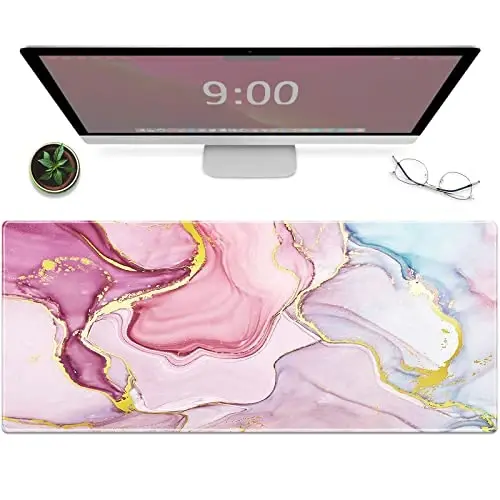 Galdas Gaming Mouse Pad Cool Flash Pattern XXL XL Large Mouse Pad Long Extended Mousepad Desk Pad Non-Slip Rubber Mice Pads Stitched Edges Thin Pad (31.5x11.8x0.12 Inch) (Pink Marble Pattern) 