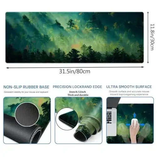 Galdas Mouse Pad,Office Desk Mat Large Gaming Keyboard Pad Durable Stitched Edges Washable Smooth Surface Control & Accuracy Extended Computer Mouse Mat (31.5X11.8In)-Green Forest… - 5