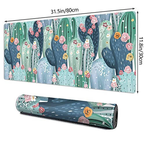 Galdas Oyun Mouse Pad Kaktüs Desenli XXL XL Büyük Mouse Pad Mat Uzun Genişletilmiş Mousepad Masa Pad Kaymaz Kauçuk Fare Pedleri Dikişli Kenarlar İnce Ped (31.5x11.8x0.12 İnç)-Yeşil Kaktüs - 2