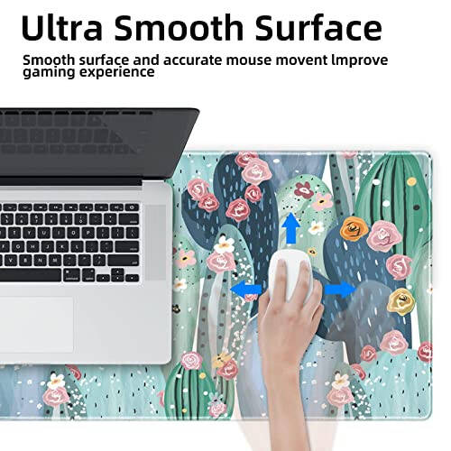 Galdas Oyun Mouse Pad Kaktüs Desenli XXL XL Büyük Mouse Pad Mat Uzun Genişletilmiş Mousepad Masa Pad Kaymaz Kauçuk Fare Pedleri Dikişli Kenarlar İnce Ped (31.5x11.8x0.12 İnç)-Yeşil Kaktüs - 4