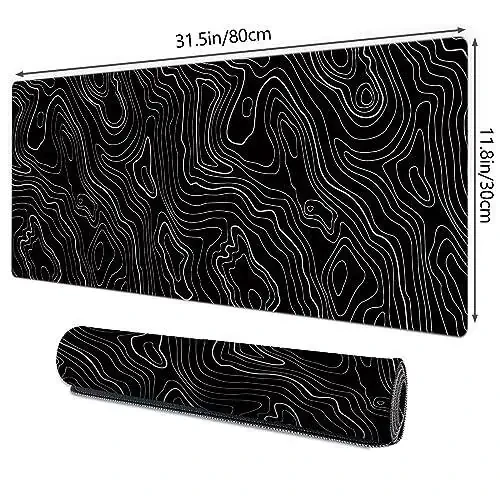 Gaming Mouse Mat Forest Background Pattern XXL XL Large Mouse Mat Long Extended Mouse Pad Desk Mat Non-Slip Rubber Mice Pads Stitched Edges Thin Pad (Topographic Map Balck) - 2