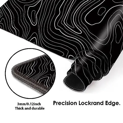 Gaming Mouse Mat Forest Background Pattern XXL XL Large Mouse Mat Long Extended Mouse Pad Desk Mat Non-Slip Rubber Mice Pads Stitched Edges Thin Pad (Topographic Map Balck) - 3