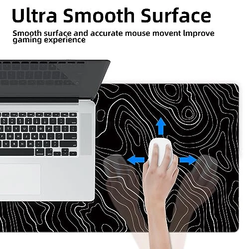 Gaming Mouse Mat Forest Background Pattern XXL XL Large Mouse Mat Long Extended Mouse Pad Desk Mat Non-Slip Rubber Mice Pads Stitched Edges Thin Pad (Topographic Map Balck) - 5