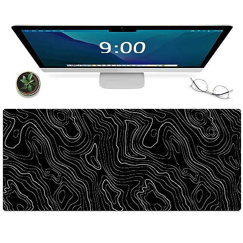 Gaming Mouse Mat Forest Background Pattern XXL XL Large Mouse Mat Long Extended Mouse Pad Desk Mat Non-Slip Rubber Mice Pads Stitched Edges Thin Pad (Topographic Map Balck) - 1