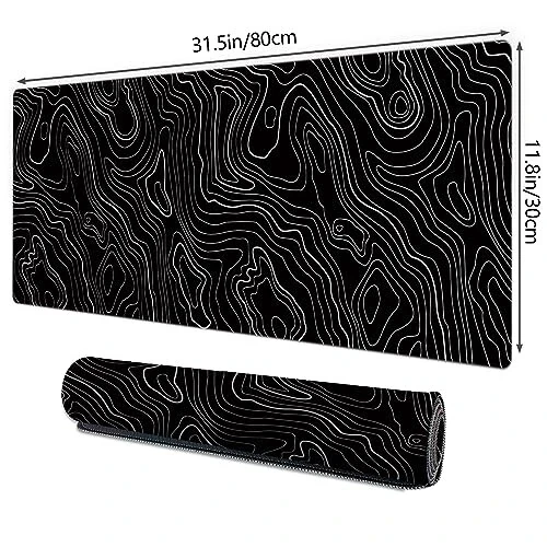 Gaming Mouse Mat Forest Background Pattern XXL XL Large Mouse Mat Long Extended Mouse Pad Desk Mat Non-Slip Rubber Mice Pads Stitched Edges Thin Pad (Topographic Map Balck) - Galdas (1)