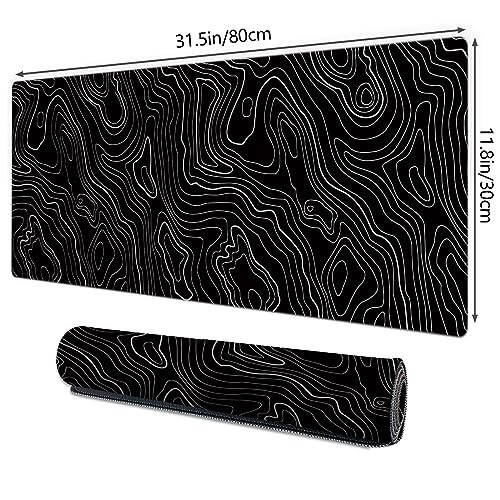 Gaming Mouse Mat Forest Background Pattern XXL XL Large Mouse Mat Long Extended Mouse Pad Desk Mat Non-Slip Rubber Mice Pads Stitched Edges Thin Pad (Topographic Map Balck) - 2