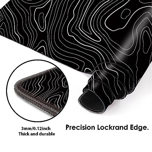 Gaming Mouse Mat Forest Background Pattern XXL XL Large Mouse Mat Long Extended Mouse Pad Desk Mat Non-Slip Rubber Mice Pads Stitched Edges Thin Pad (Topographic Map Balck) - 3