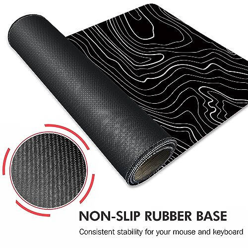 Gaming Mouse Mat Forest Background Pattern XXL XL Large Mouse Mat Long Extended Mouse Pad Desk Mat Non-Slip Rubber Mice Pads Stitched Edges Thin Pad (Topographic Map Balck) - 4