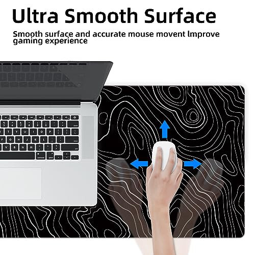 Gaming Mouse Mat Forest Background Pattern XXL XL Large Mouse Mat Long Extended Mouse Pad Desk Mat Non-Slip Rubber Mice Pads Stitched Edges Thin Pad (Topographic Map Balck) - 5
