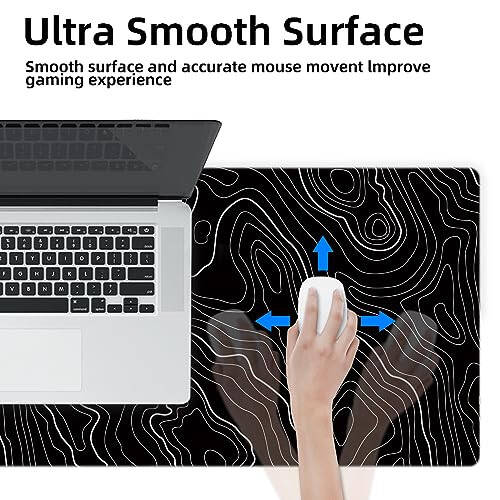 Gaming Mouse Mat Forest Background Pattern XXL XL Large Mouse Mat Long Extended Mouse Pad Desk Mat Non-Slip Rubber Mice Pads Stitched Edges Thin Pad (Topographic Map Balck) - 5