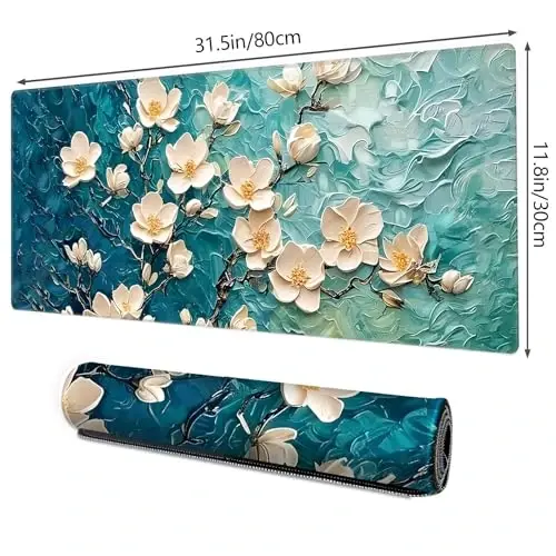 Galdas Gaming Mouse Pad XXL XL Large Long Extended Big Mousepad Non-Slip Rubber Keyboard Desk Pad with Stitched Edges for Laptop Home Office (31.5x11.8x0.08 Inch) … (Painting Flowers) - 2