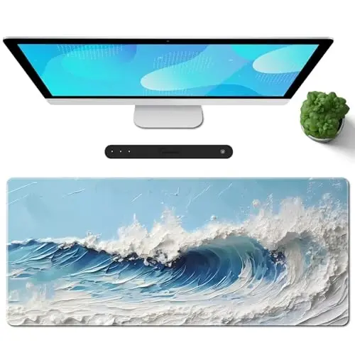 Galdas Gaming Mouse Pad XXL XL Large Long Extended Big Mousepad Non-Slip Rubber Keyboard Desk Pad with Stitched Edges for Laptop Home Office (31.5x11.8x0.08 Inch) … (Painting Waves) - 1
