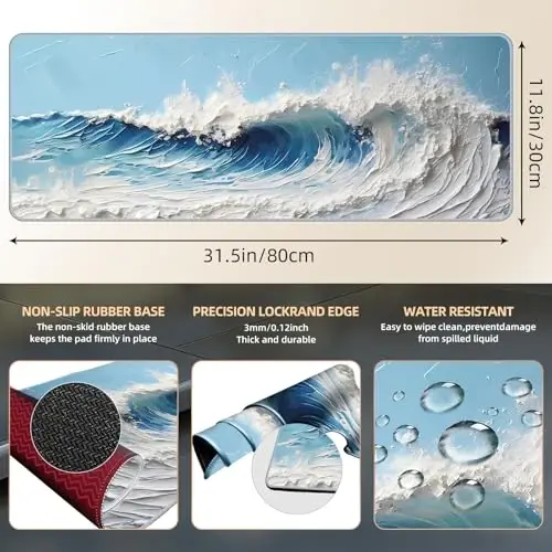 Galdas Gaming Mouse Pad XXL XL Large Long Extended Big Mousepad Non-Slip Rubber Keyboard Desk Pad with Stitched Edges for Laptop Home Office (31.5x11.8x0.08 Inch) … (Painting Waves) - 3