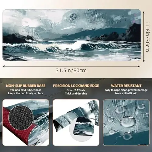 Galdas Gaming Mouse Pad XXL XL Large Long Extended Big Mousepad Non-Slip Rubber Keyboard Mouse Pad with Stitched Edges for Laptop Home Office (31.5x11.8x0.08 Inch) … (Ink Painting) - 3
