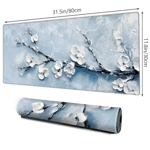 Galdas Gaming Mouse Pad XXL XL Large Long Extended Big Mousepad Non-Slip Rubber Keyboard Mouse Pad with Stitched Edges for Laptop Home Office (31.5x11.8x0.08 Inch) -Snow Floral - 2