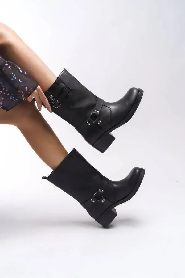 Galmicca Women's Buckle Detailed Short Biker Boots 00123022 Black Leather - 3