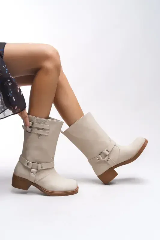 Galmicca Women's Buckle Detailed Short Biker Boots 00123022 Matte Beige-Matte Beige - RICCON