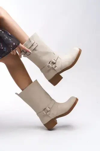 Galmicca Women's Buckle Detailed Short Biker Boots 00123022 Matte Beige-Matte Beige - RICCON (1)