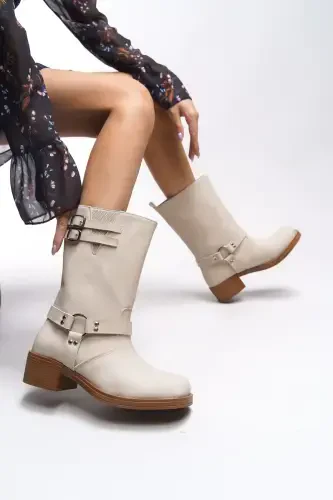 Galmicca Women's Buckle Detailed Short Biker Boots 00123022 Matte Beige-Matte Beige - 3