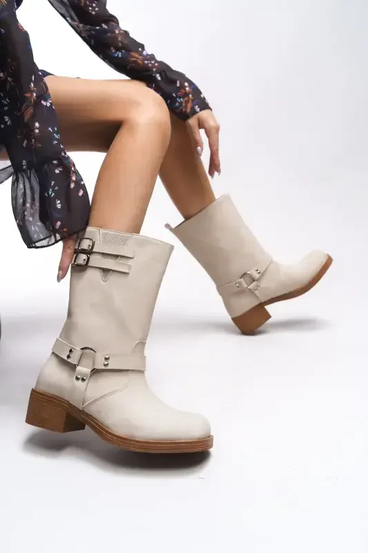 Galmicca Women's Buckle Detailed Short Biker Boots 00123022 Matte Beige-Matte Beige - 3