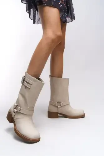 Galmicca Women's Buckle Detailed Short Biker Boots 00123022 Matte Beige-Matte Beige - 5