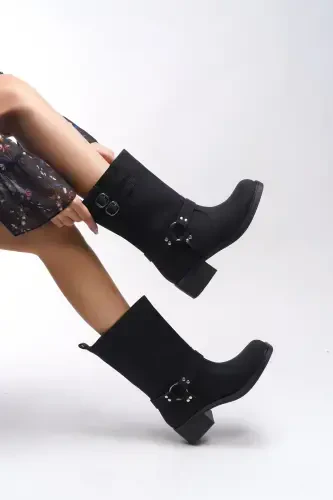 Galmicca Women's Buckle Detailed Short Biker Boots 00123022 Matte Black-Matte Black - RICCON (1)