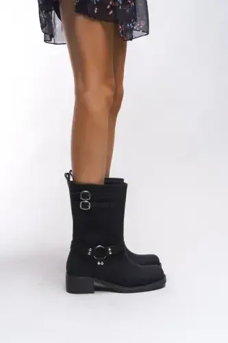 Galmicca Women's Buckle Detailed Short Biker Boots 00123022 Matte Black-Matte Black - 3