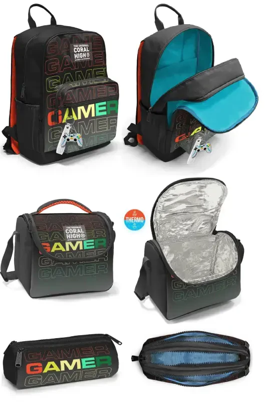 Gamer Desenli 3'lü SET Okul Sırt Çantası-siyah - CORAL HIGH