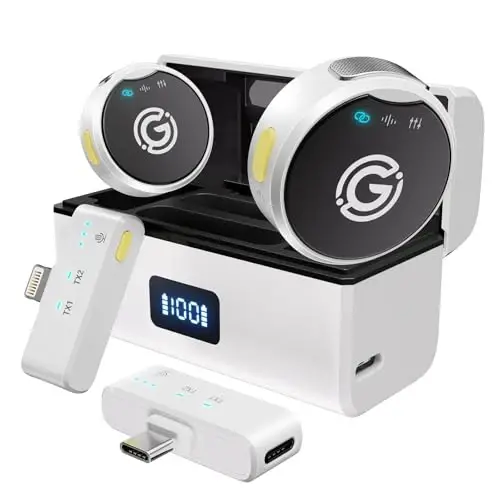 Gamiity simsiz yaka mikrofon iPhone/Android uchun Lightning, USB C Mini Lapel simsiz mikrofon, shovqinni bekor qilish, video yozish, striming uchun 35 soatlik batareya - Oq 