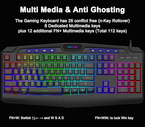 Gaming Keyboard and Mouse Combo, CQ109 RGB LED Backlit Anti-ghosting Wired Membrane Keyboard with 104 Keys +Extra 8 Hotkeys, 1000-3200 DPI RGB Mouse for PC/Xbox/PS4 (Black) - 5